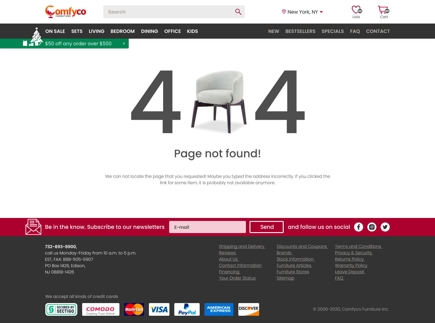 Comfyco furniture eCommerce website's 404 error page